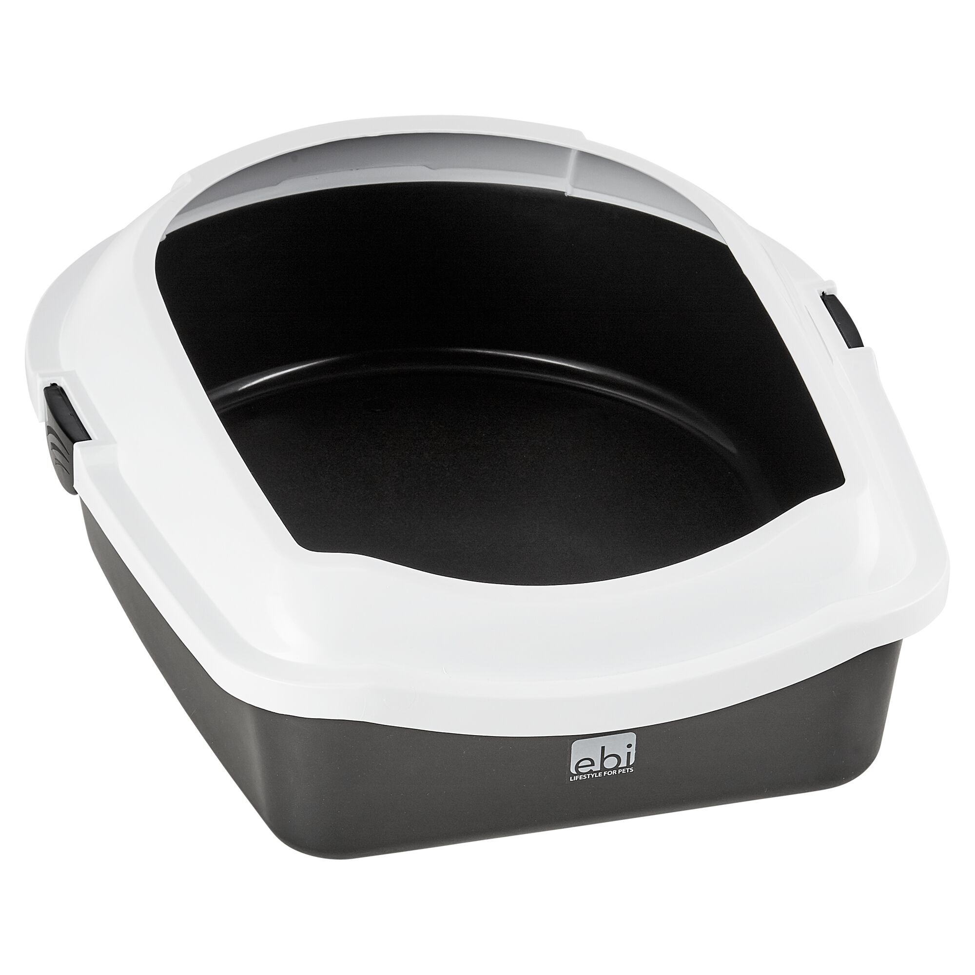 Schwarze Katzentoilette Space 60 mit weißem Rand