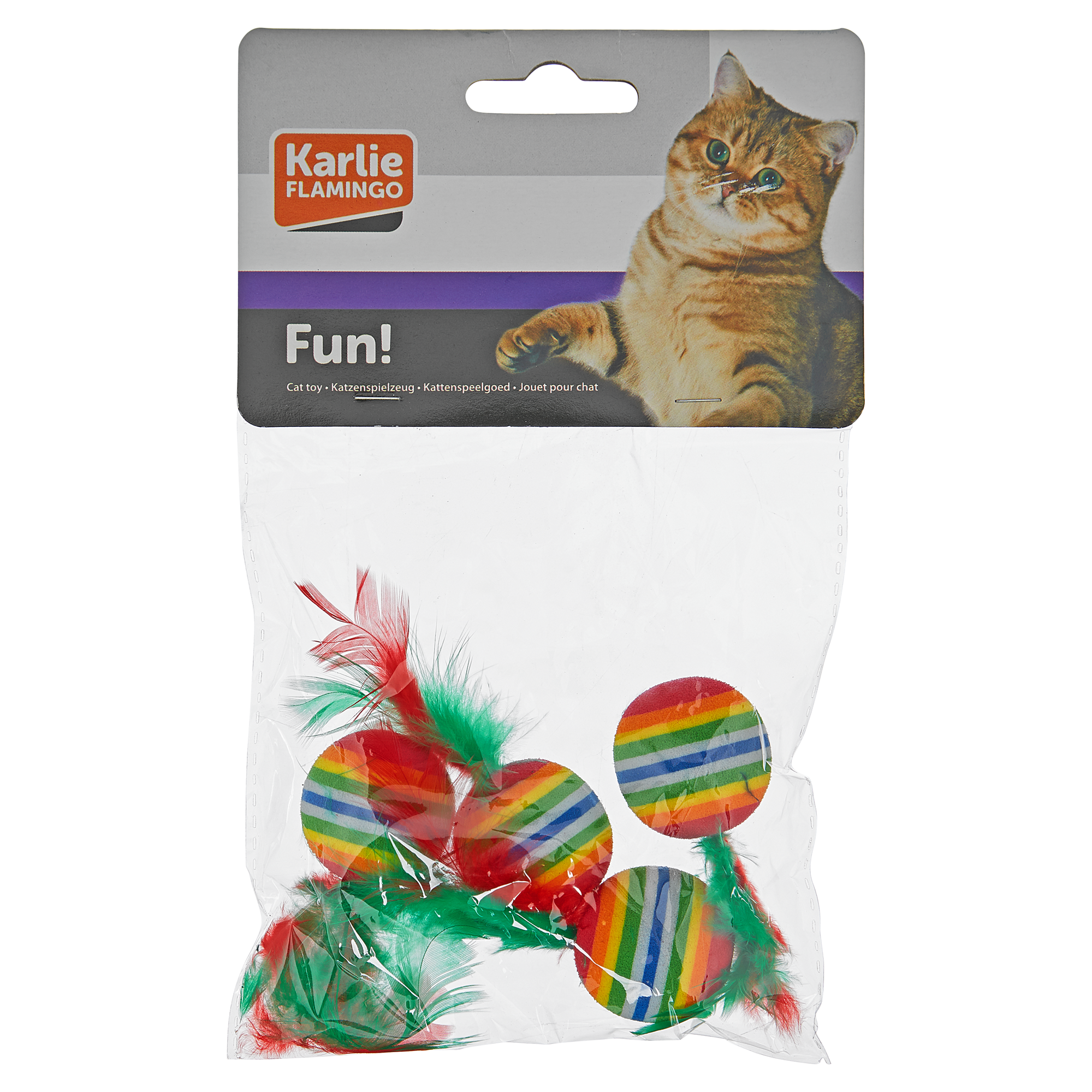 Katzenspielzeug "Fun!" Regenbogenball mit Feder 4 Stück + product picture