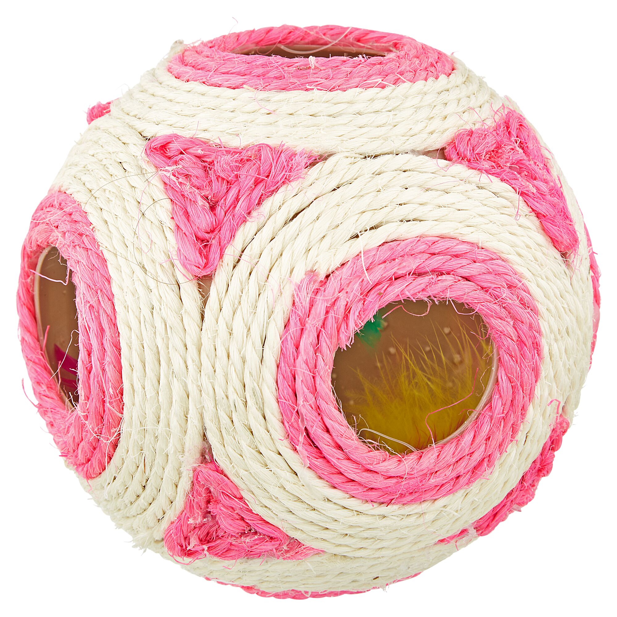 Rundes Katzenspielzeug aus cremefarbenem und pinkem Seil.