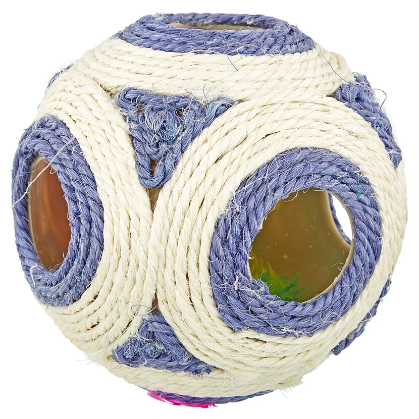 Katzenspielzeug aus Sisal, cremefarben und fliederfarben.