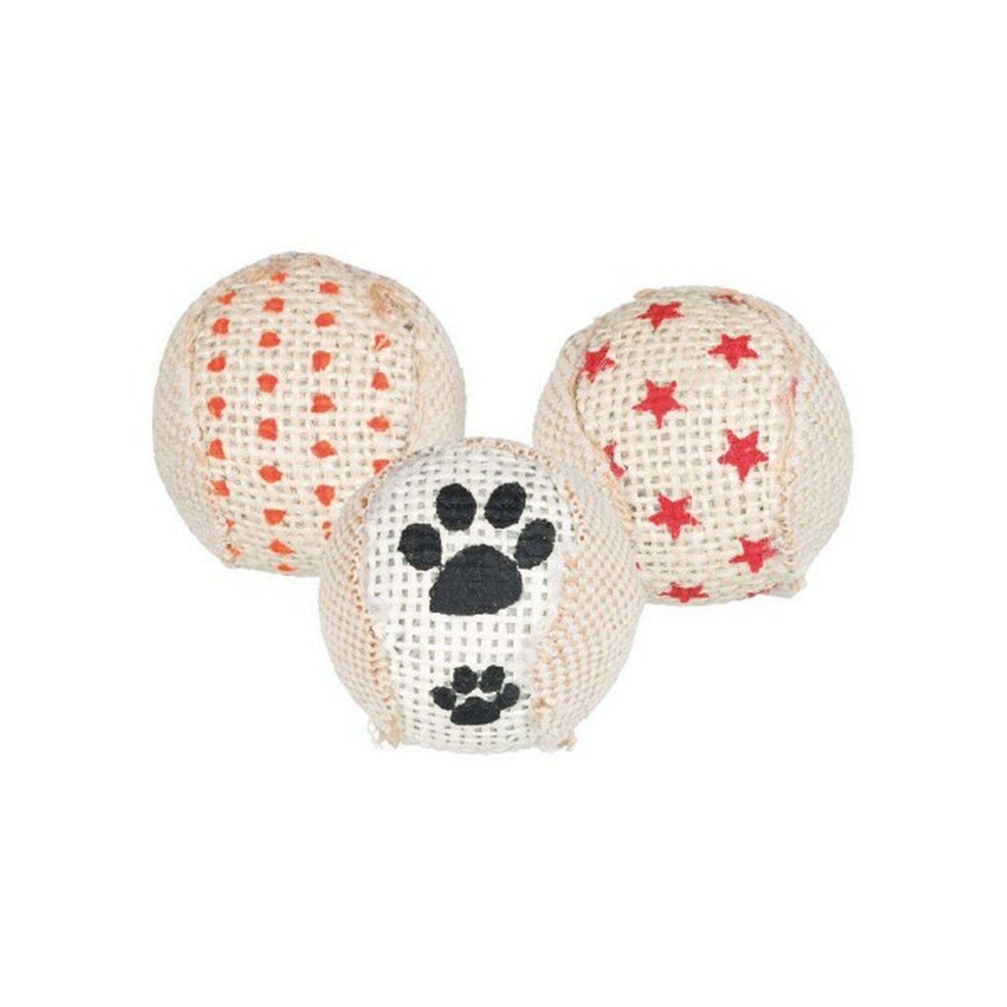 Drei Jutebälle für Hunde, mit Punkten, Sternen und Pfotenabdrücken