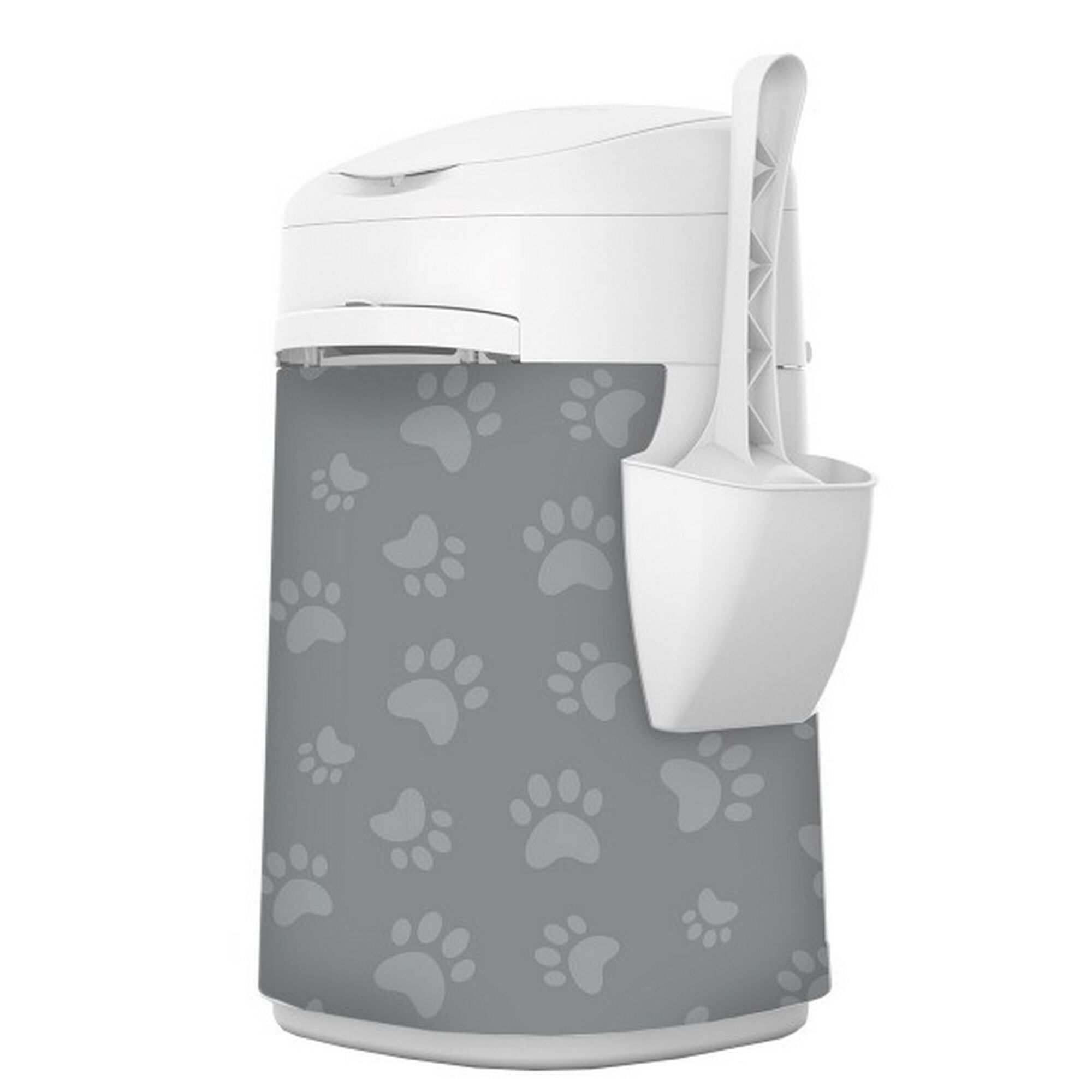 LitterLocker Fashion, Katzentoilette mit grauer Pfotenmusterung und Schaufel
