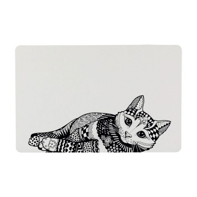 Schwarze Zentangl-Katze auf grauem Napfuntersetzer.