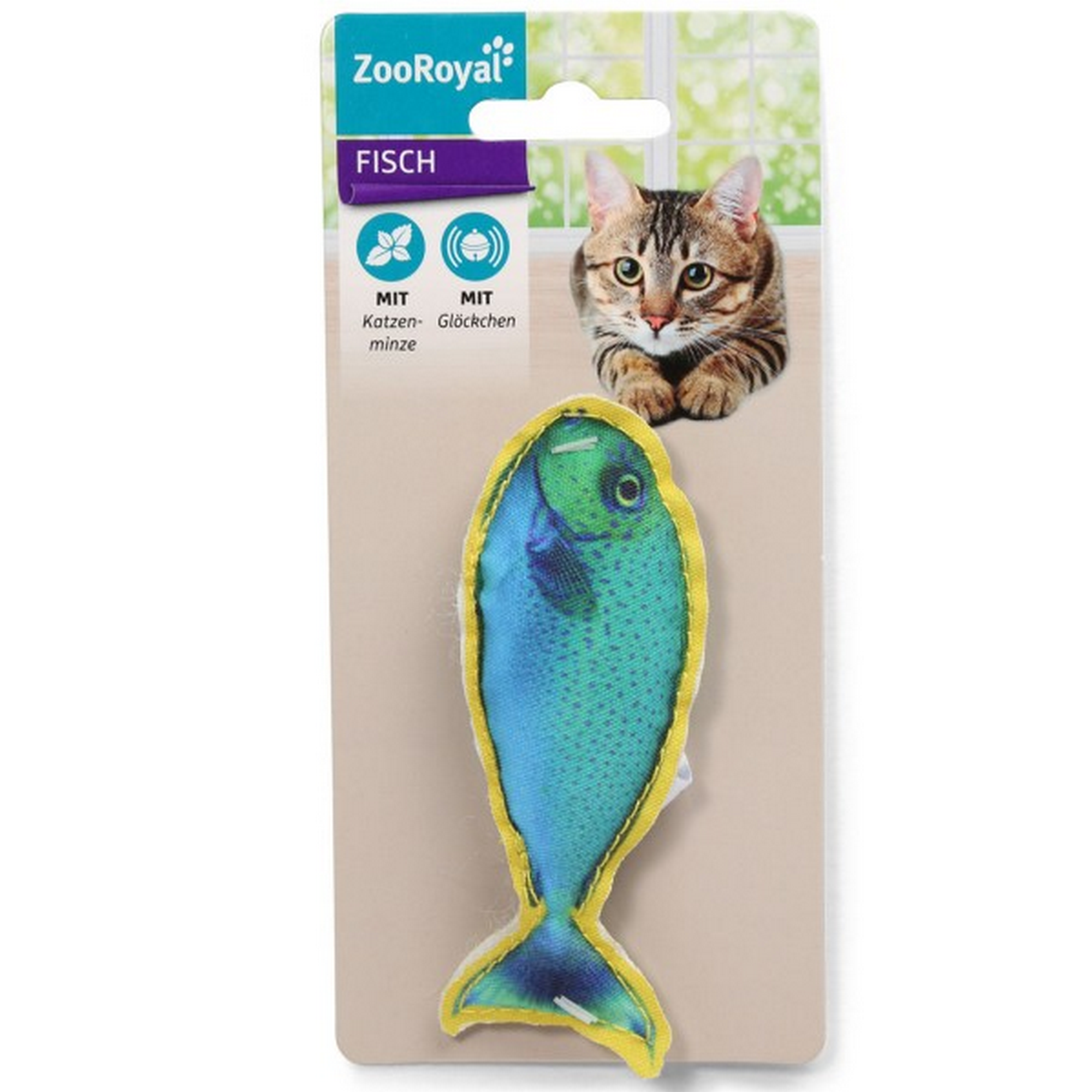 Katzenspielzeug Fisch mit Glöckchen und Katzenminze blau/gelb 45 x 110 mm + product picture