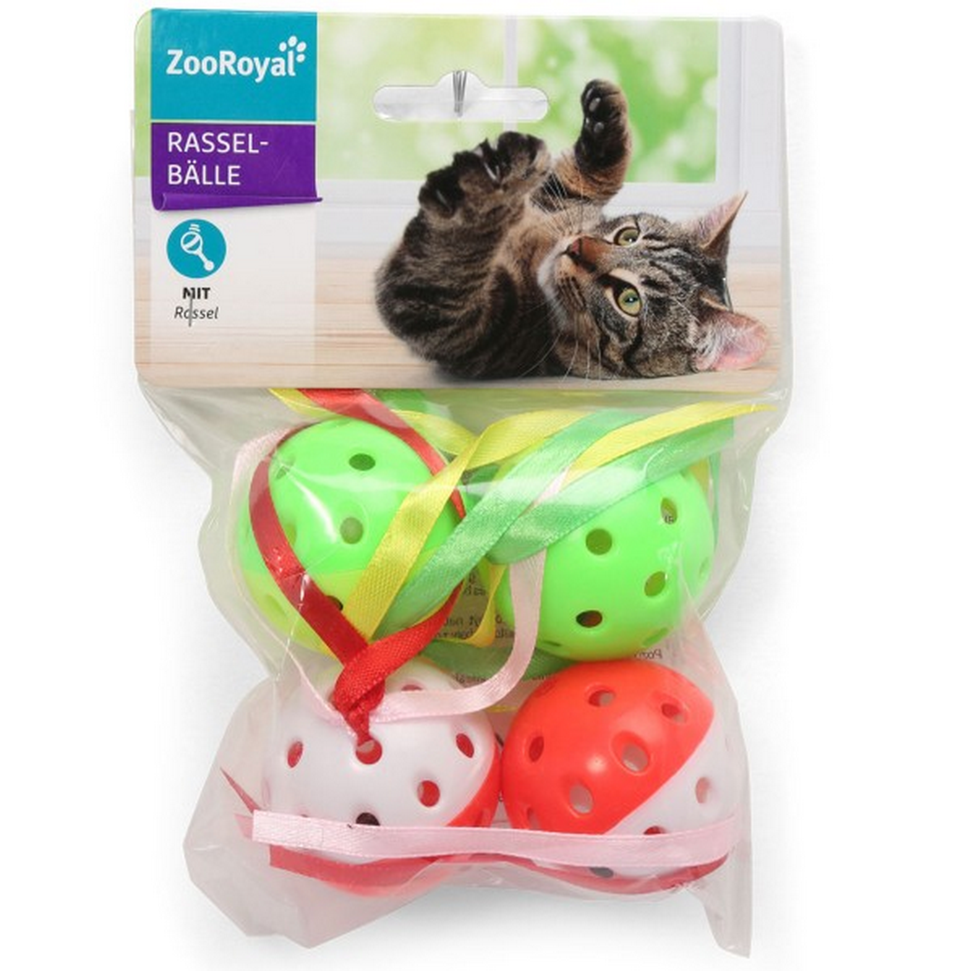 Katzenspielzeug Rasselball mit Bändern, Ø 45 mm, weiß/rot/grün/gelb, 4 Stück + product picture