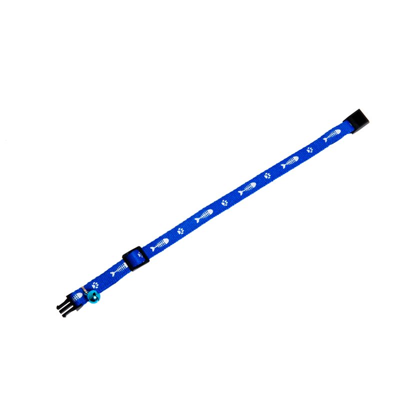 Blaues Katzenhalsband mit Fischgräten- und Pfotenmuster.