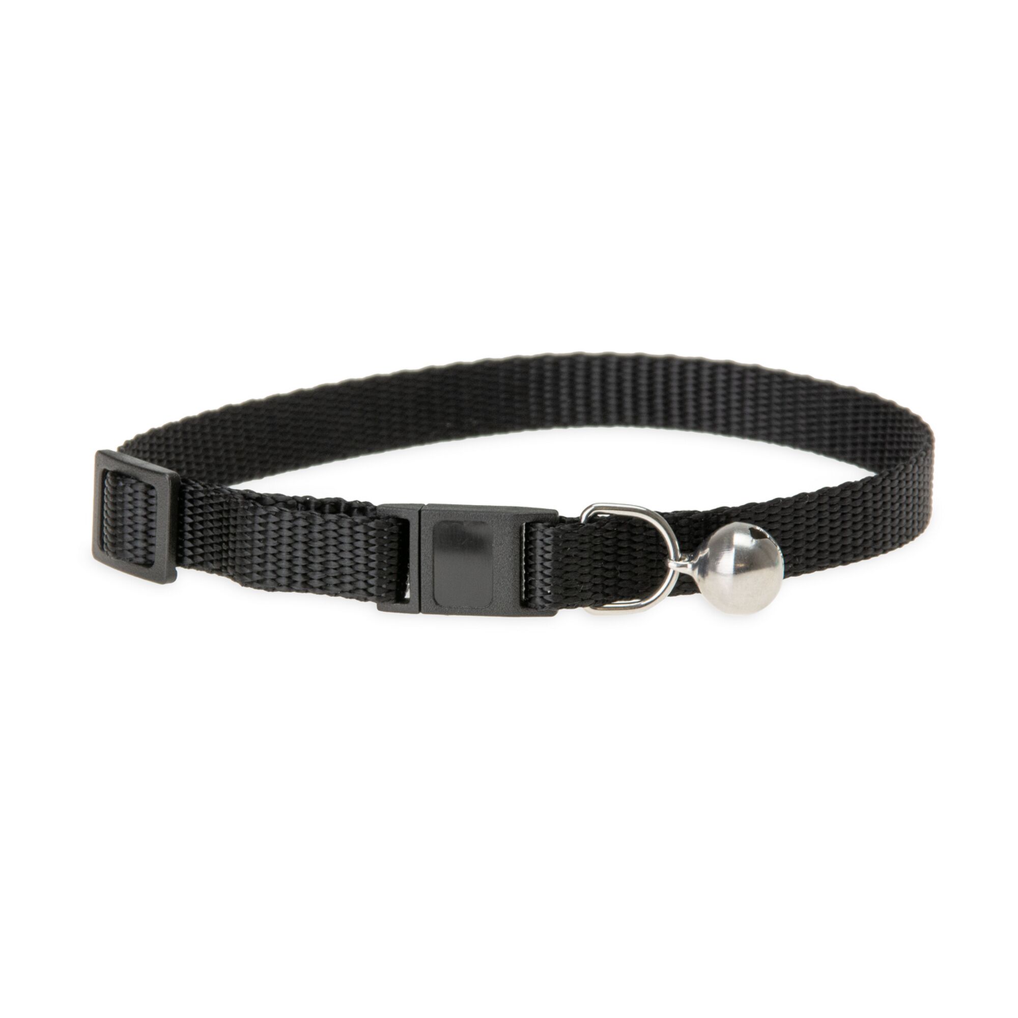 Schwarzes Katzenhalsband mit silberner Glocke.