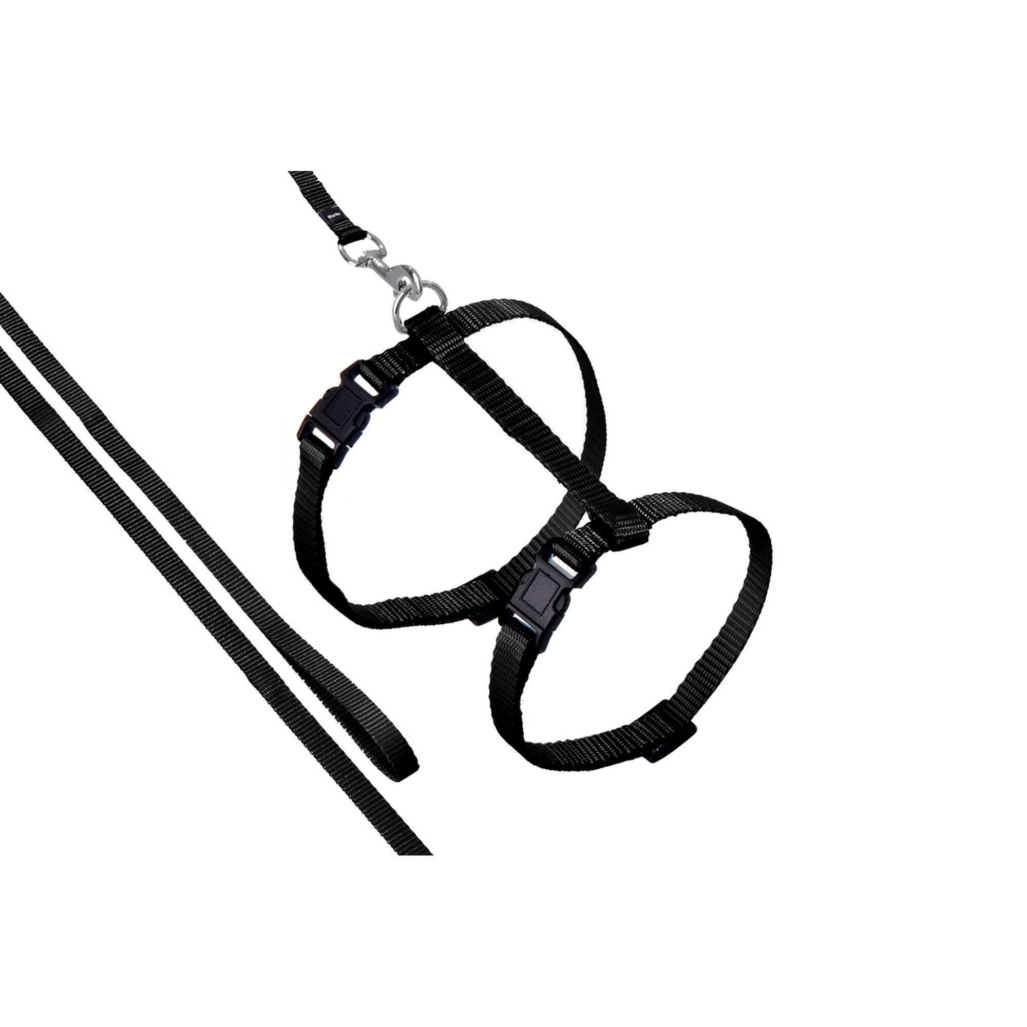 Schwarzes Hundegeschirr mit schwarzer Leine