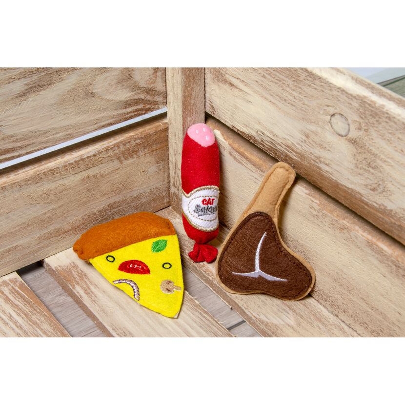 Katzenspielzeug Pizza, Salami und Steak