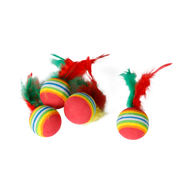Bild von Katzenspielzeug 4 Regenbogenbälle mit Feder, mehrfarbig Ø 3 cm