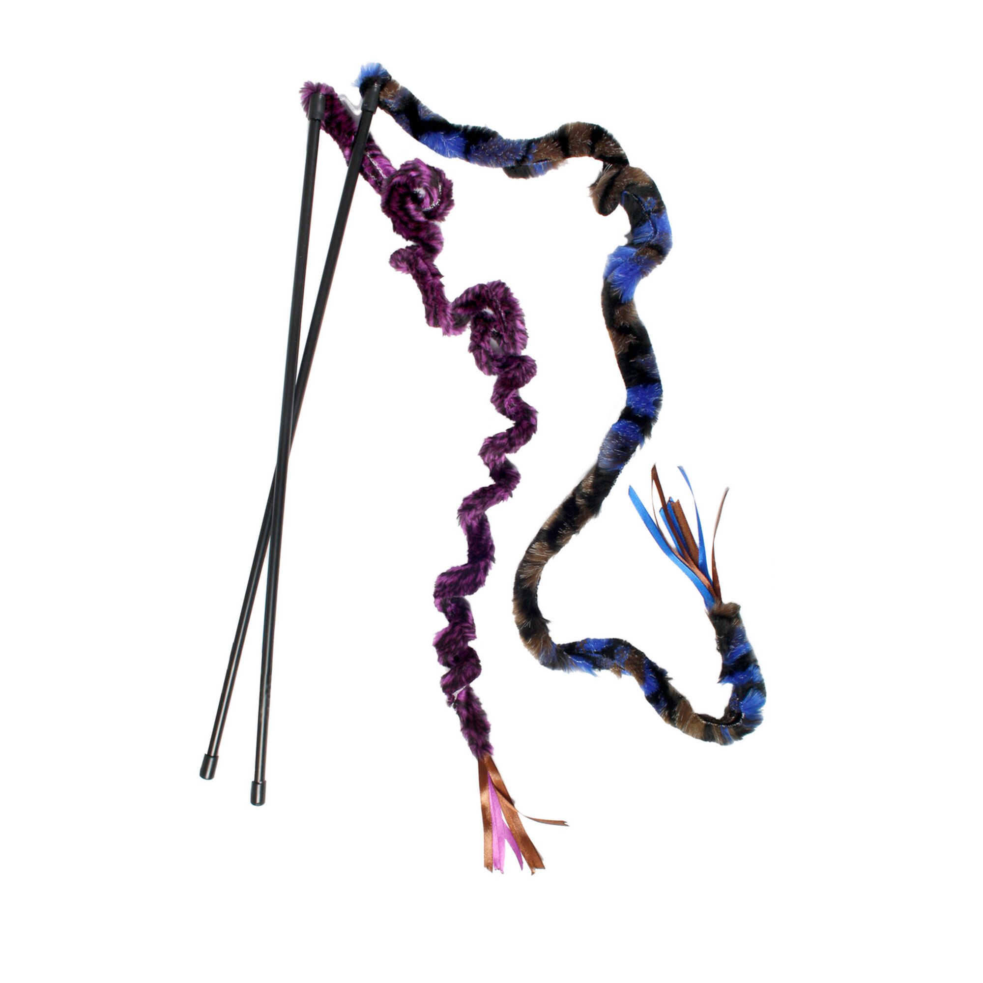 Zwei Katzenangeln mit Federn und Bändern