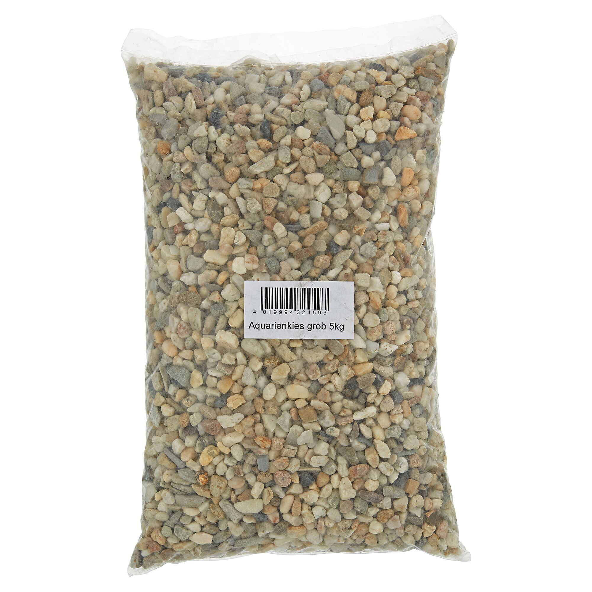 Aquarienkies grob 5kg im durchsichtigen Plastikbeutel.