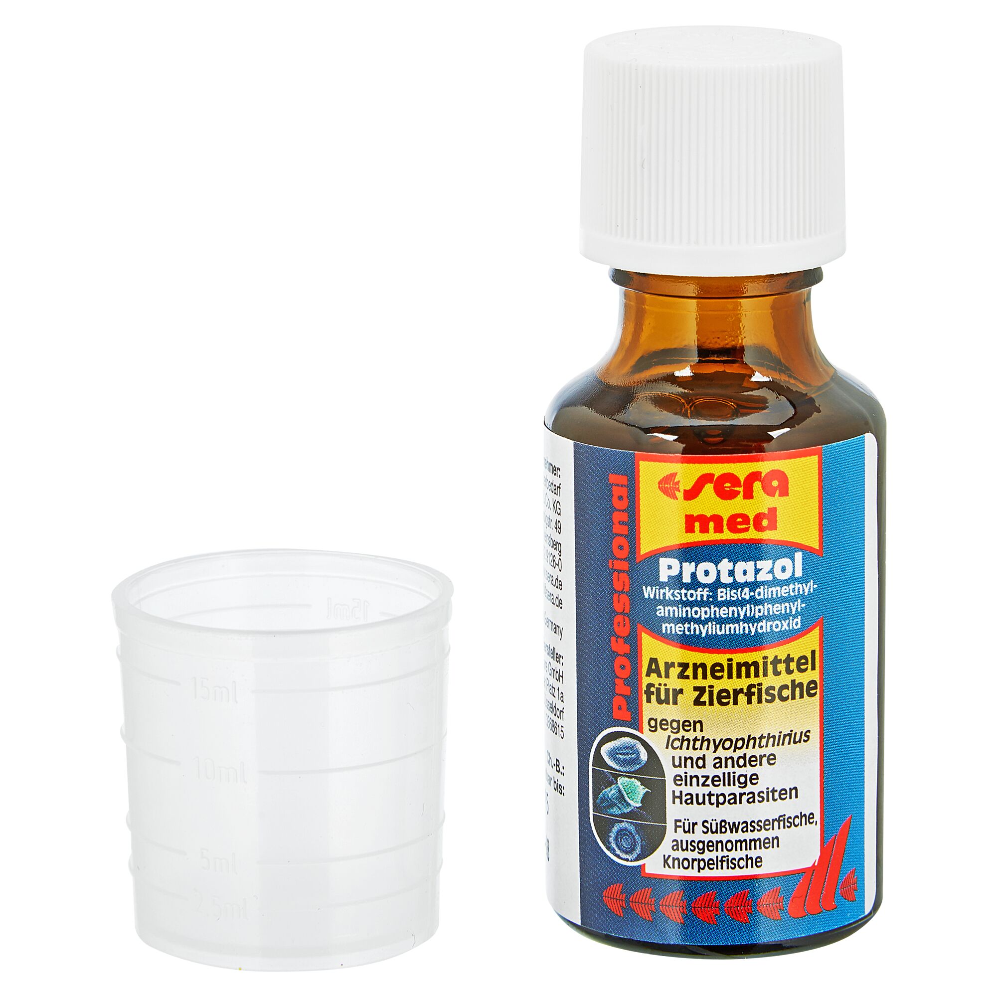 Sera med Protazol Arzneimittel für Zierfische und Messbecher
