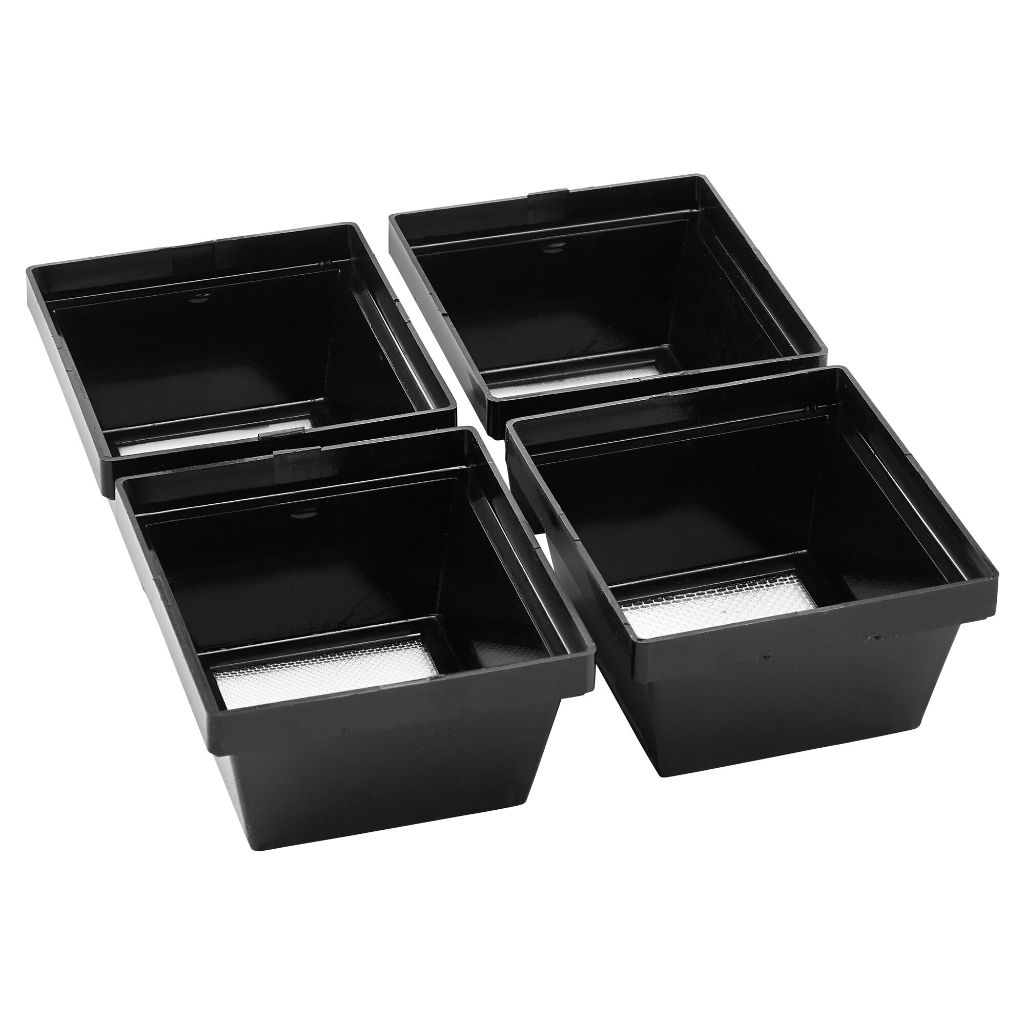 Vier schwarze Artemia-Siebkombinationen