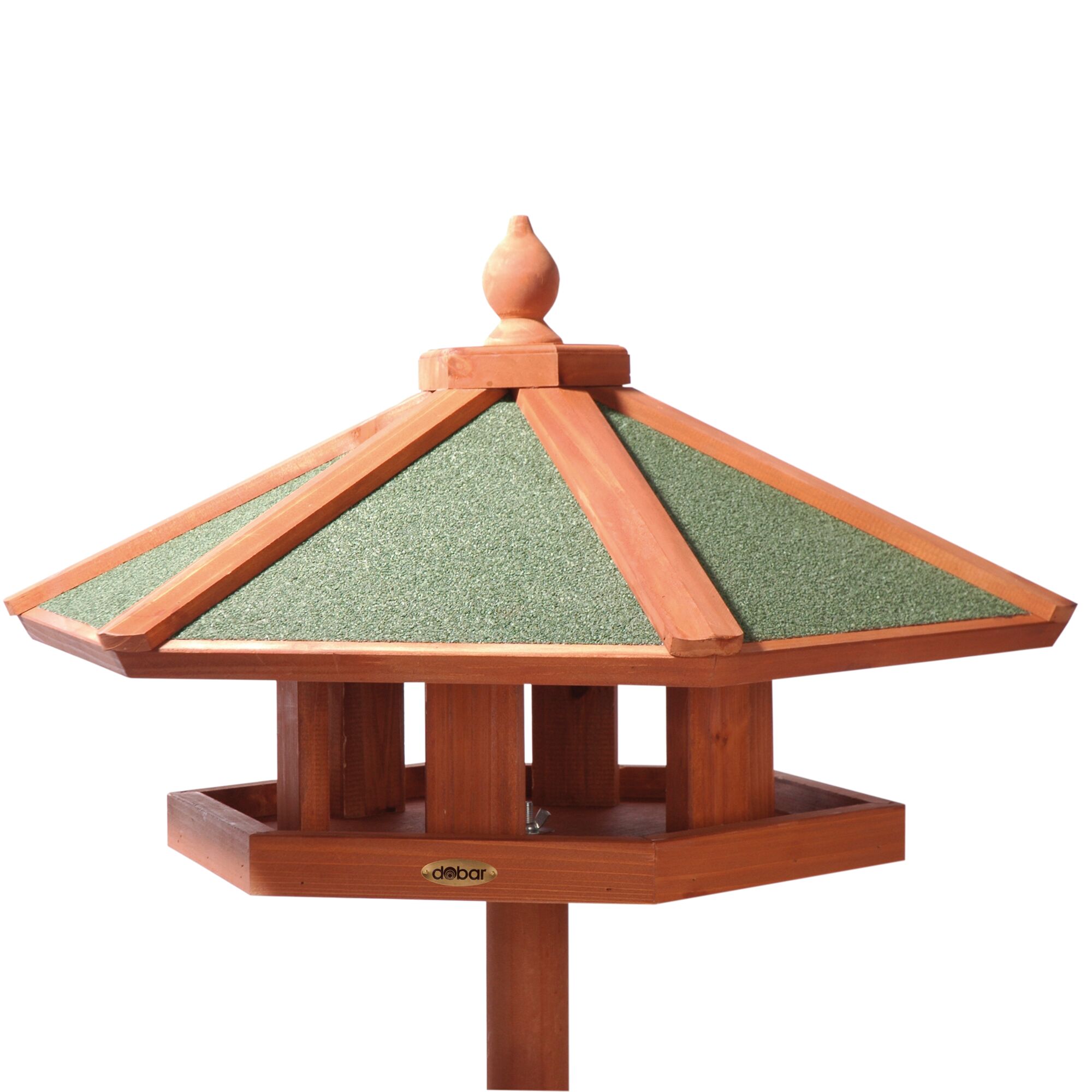 Sechseckiges Vogelhaus aus Holz mit grünem Dach