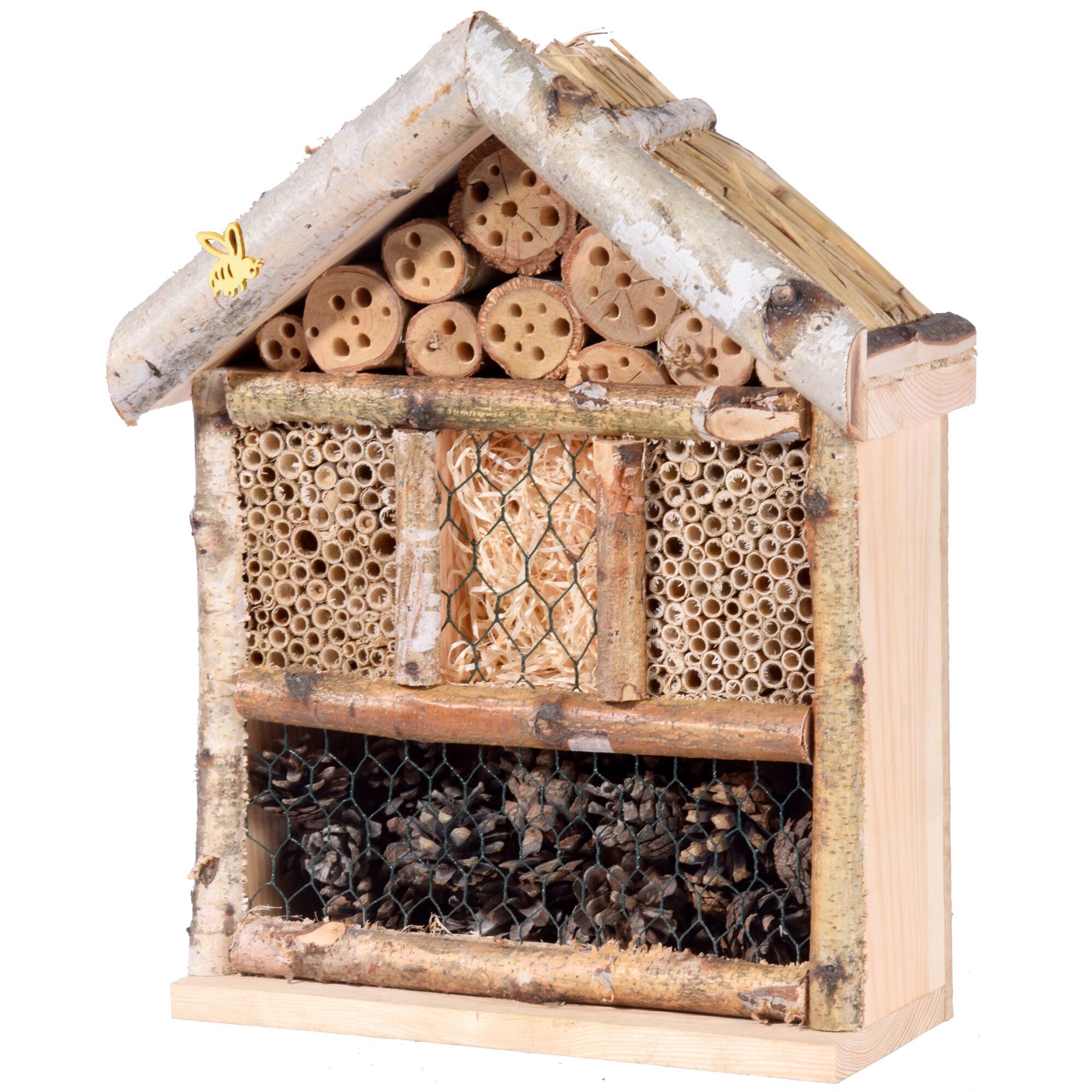 Insektenhotel aus Holz mit Schilfdach
