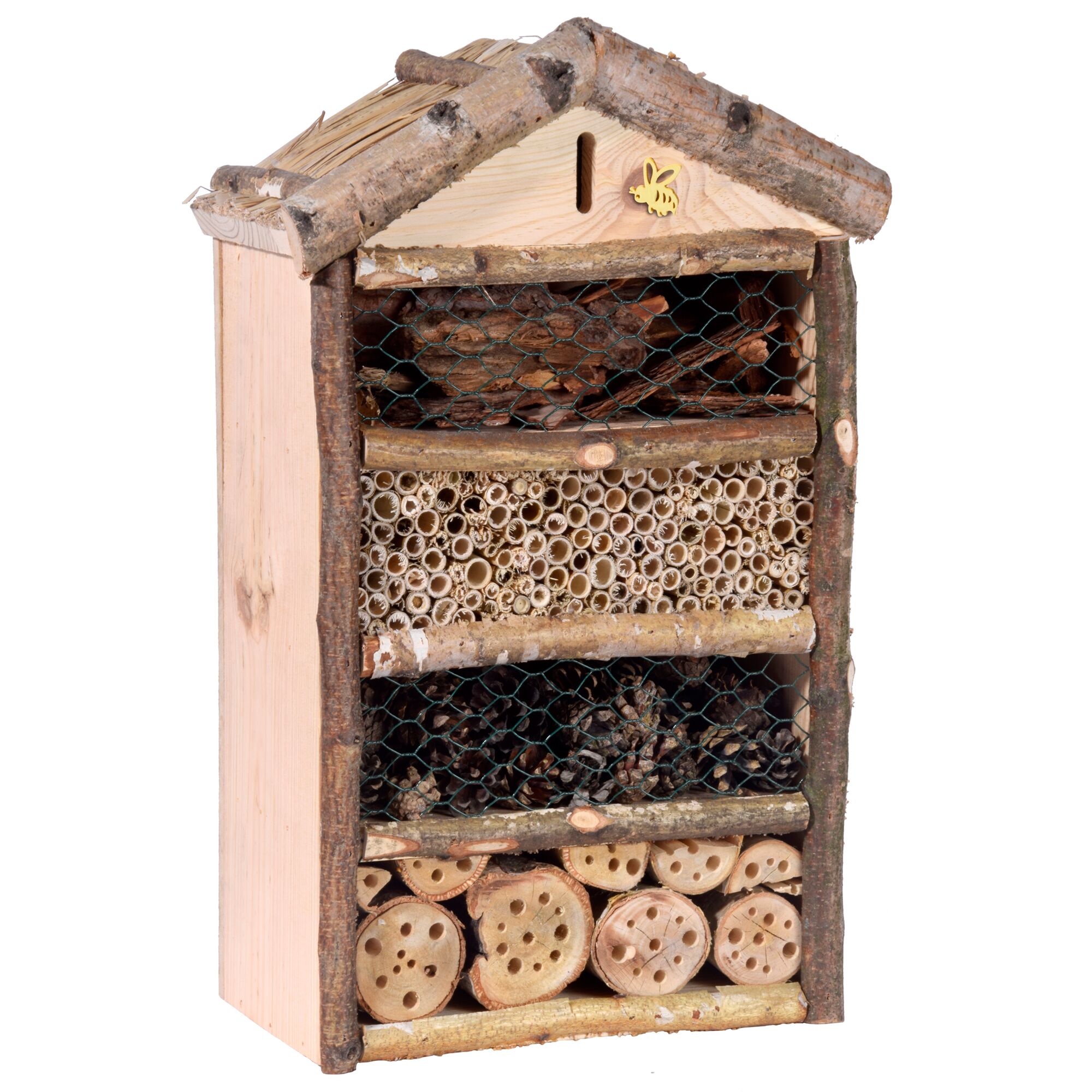 Insektenhotel aus Holz mit Schilfdach