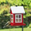 Vogel frisst aus rotem Vogelhaus