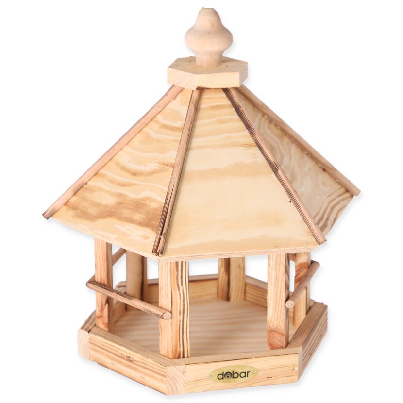 Sechseckiges Vogelfutterhaus aus Holz.
