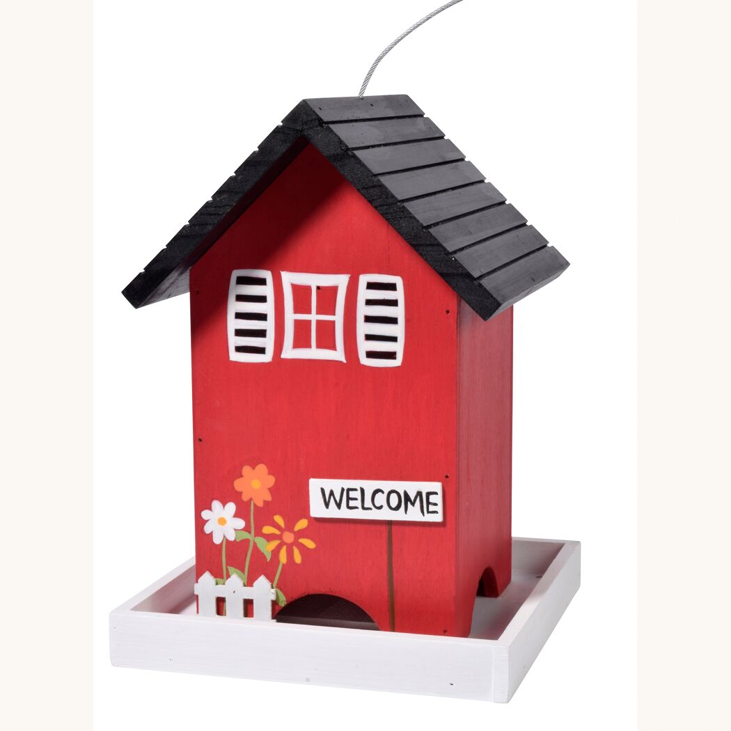 rotes Vogelhaus mit Willkommensschild