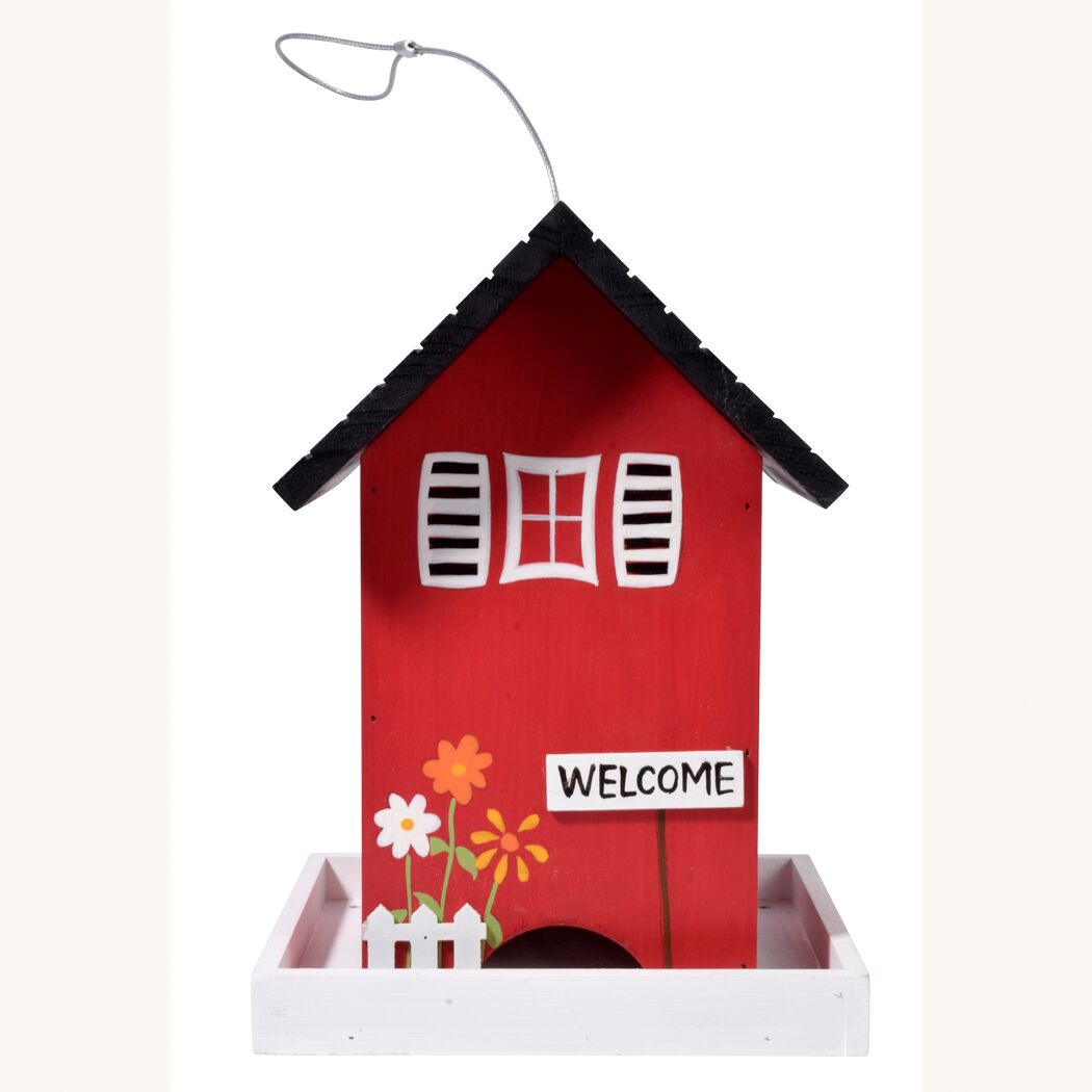 Rotes Vogelhaus mit Willkommensschild.