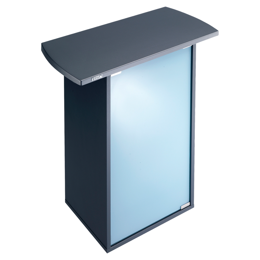 Schwarzer Unterschrank für Aquarium mit blauer Glastür.