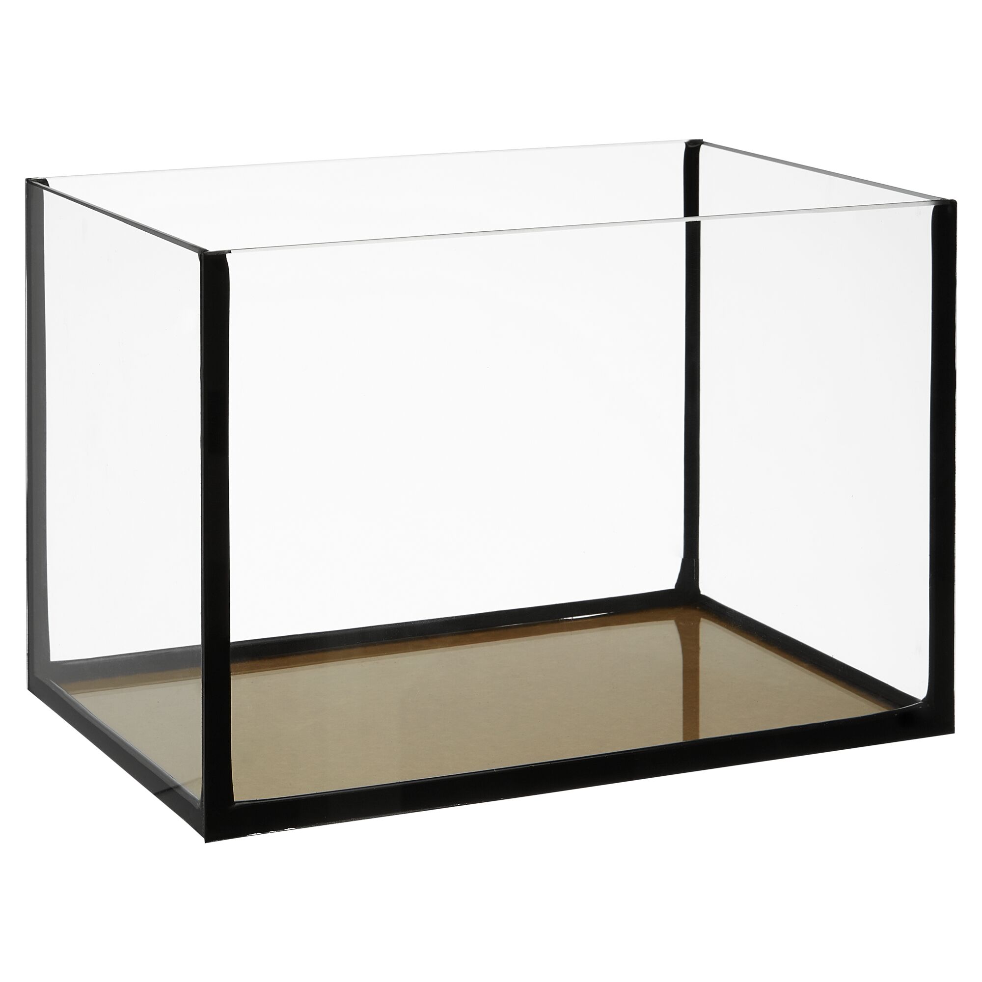 Leeres Glasaquarium mit schwarzem Rahmen und goldfarbenem Boden.