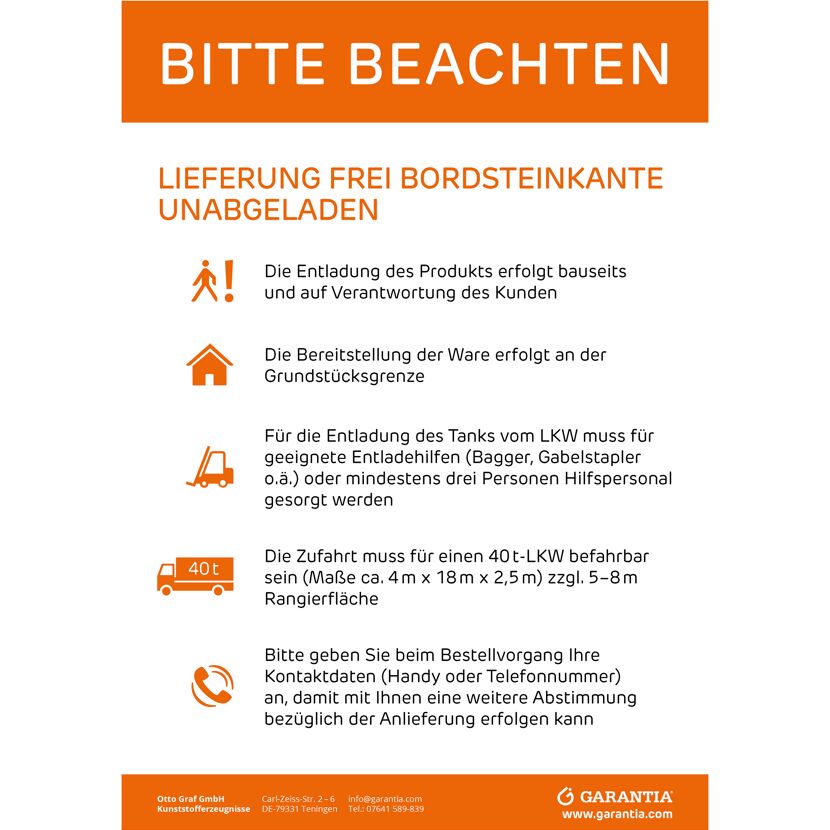 Wichtige Hinweise zur Lieferung und Entladung des Tanks