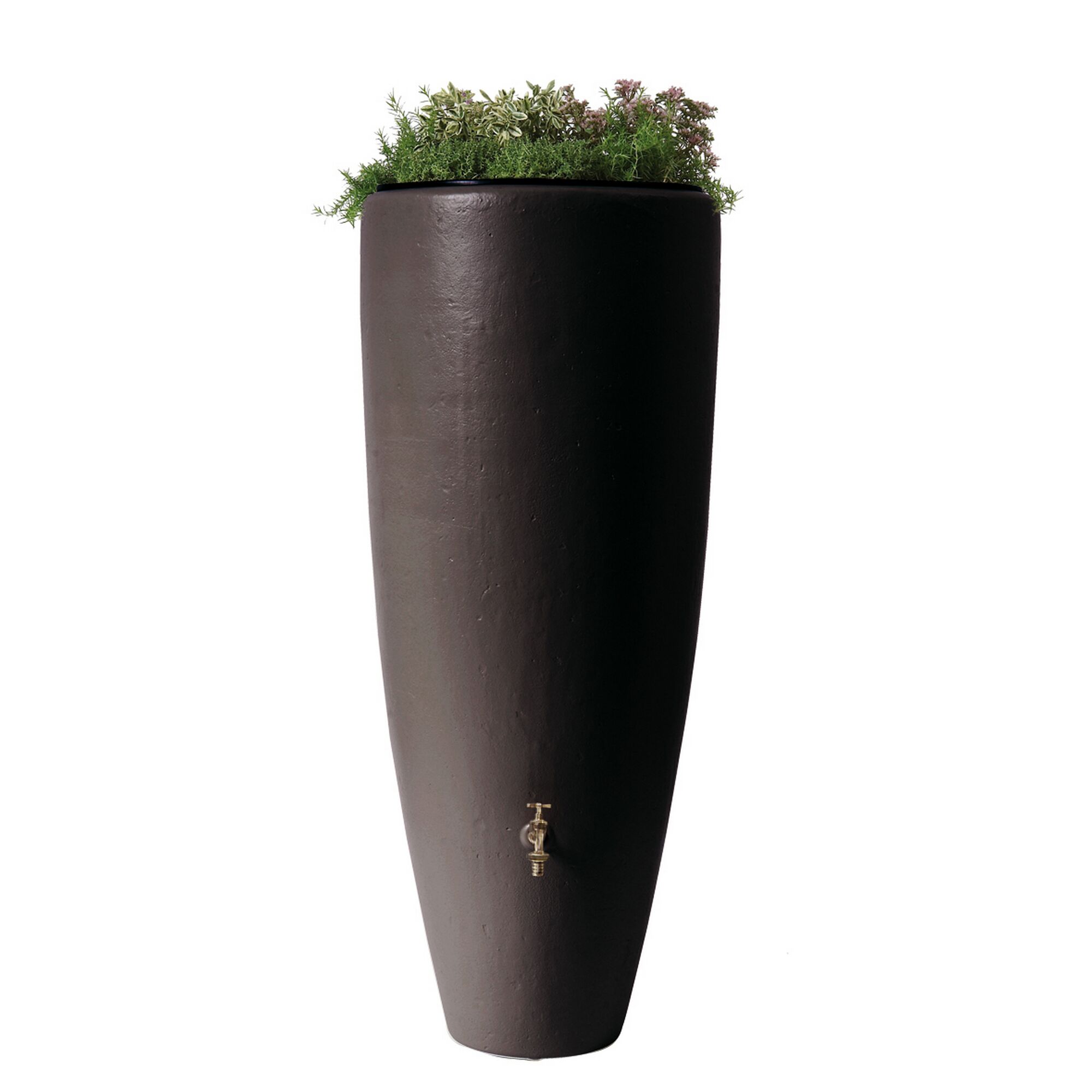 Mokkafarbener Regentank mit Bepflanzung und Zapfhahn.