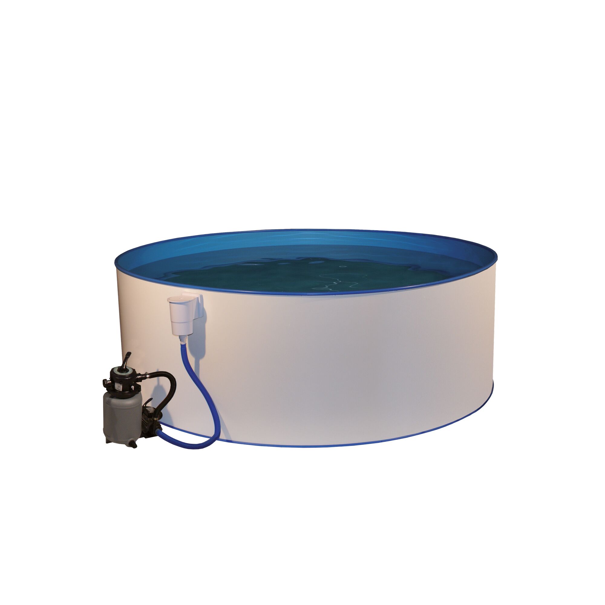 Runder, weißer Aufstellpool mit blauer Innenfolie und Filterpumpe