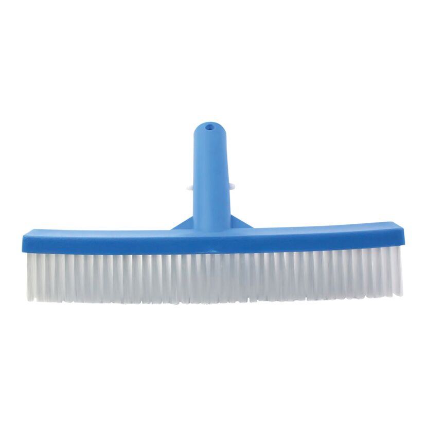Blaue Poolreinigungsbürste mit weißen Borsten.