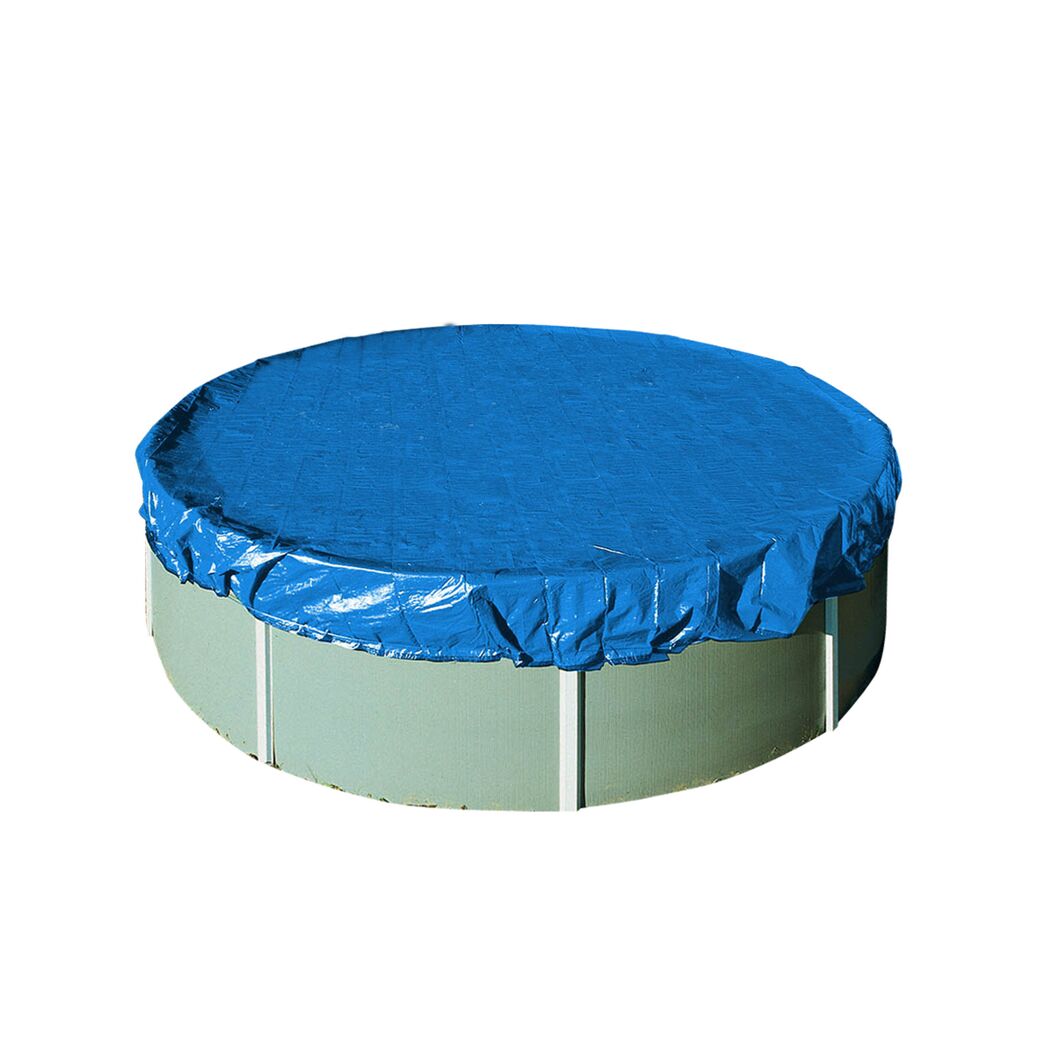 Runder Pool mit blauer Abdeckplane