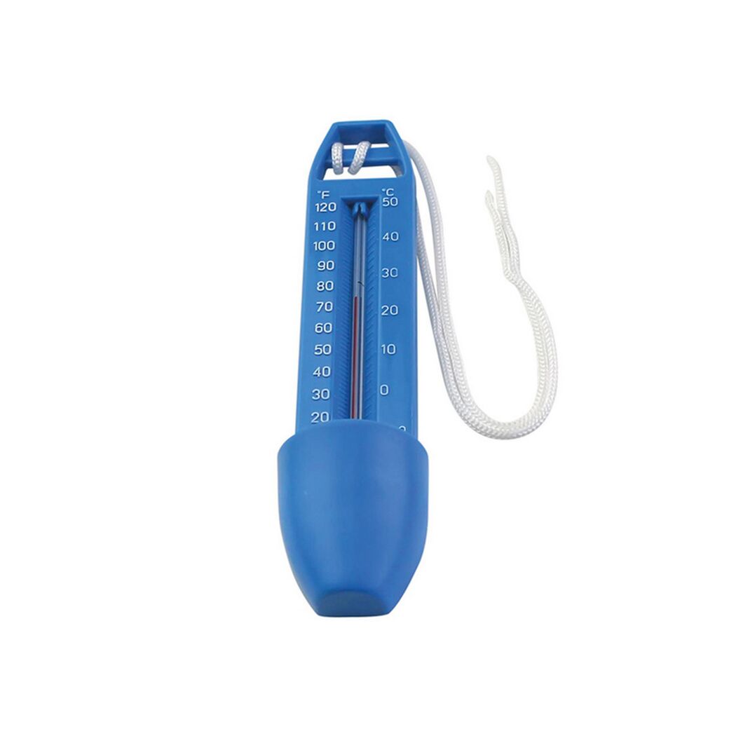 Blaues Schwimmbadthermometer mit Schnur.
