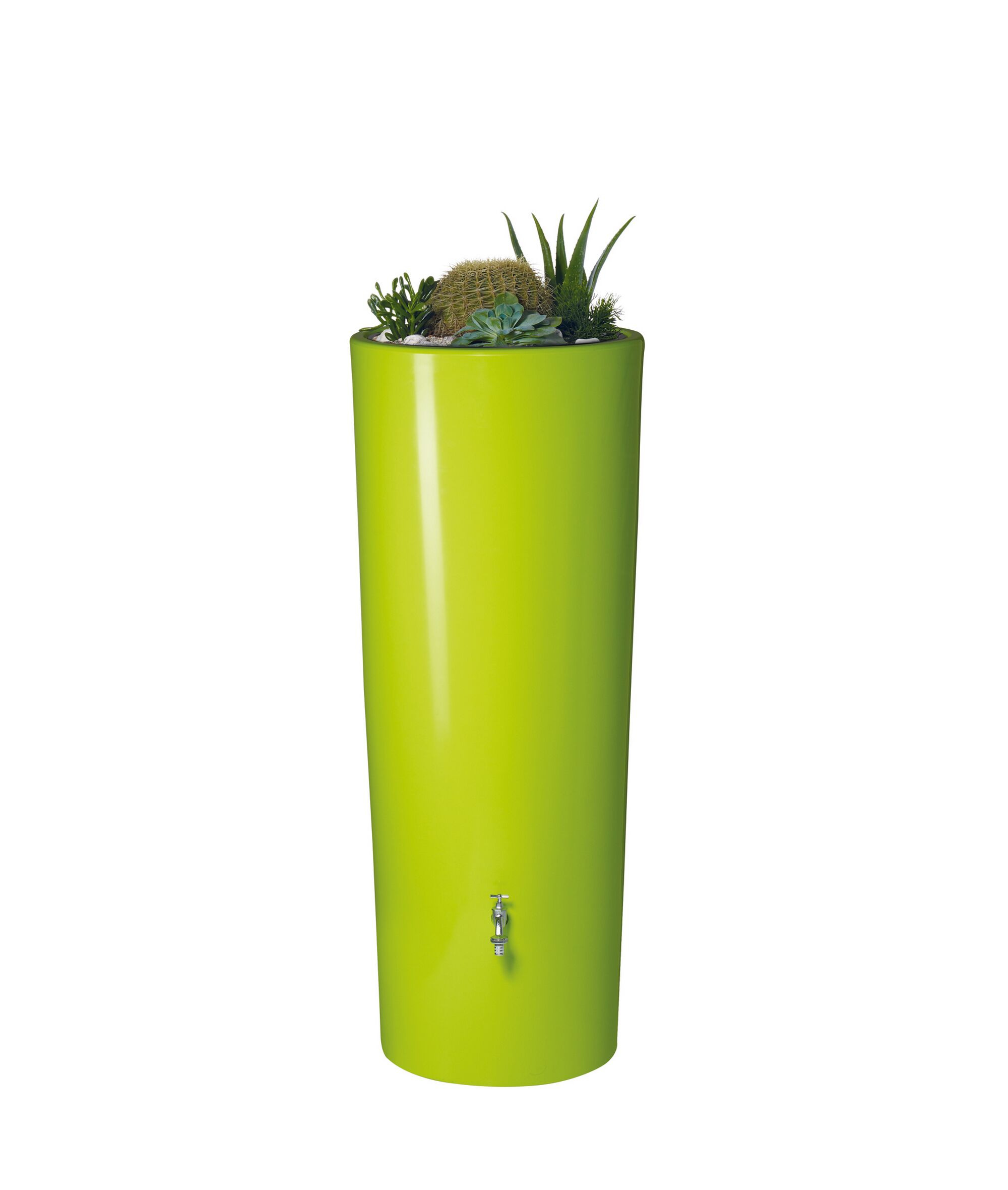 Grüner Regenspeicher mit Sukkulenten und Wasserhahn
