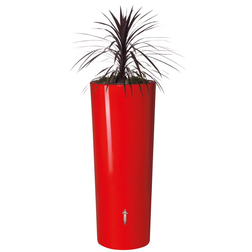 Roter Regenspeicher mit Pflanze