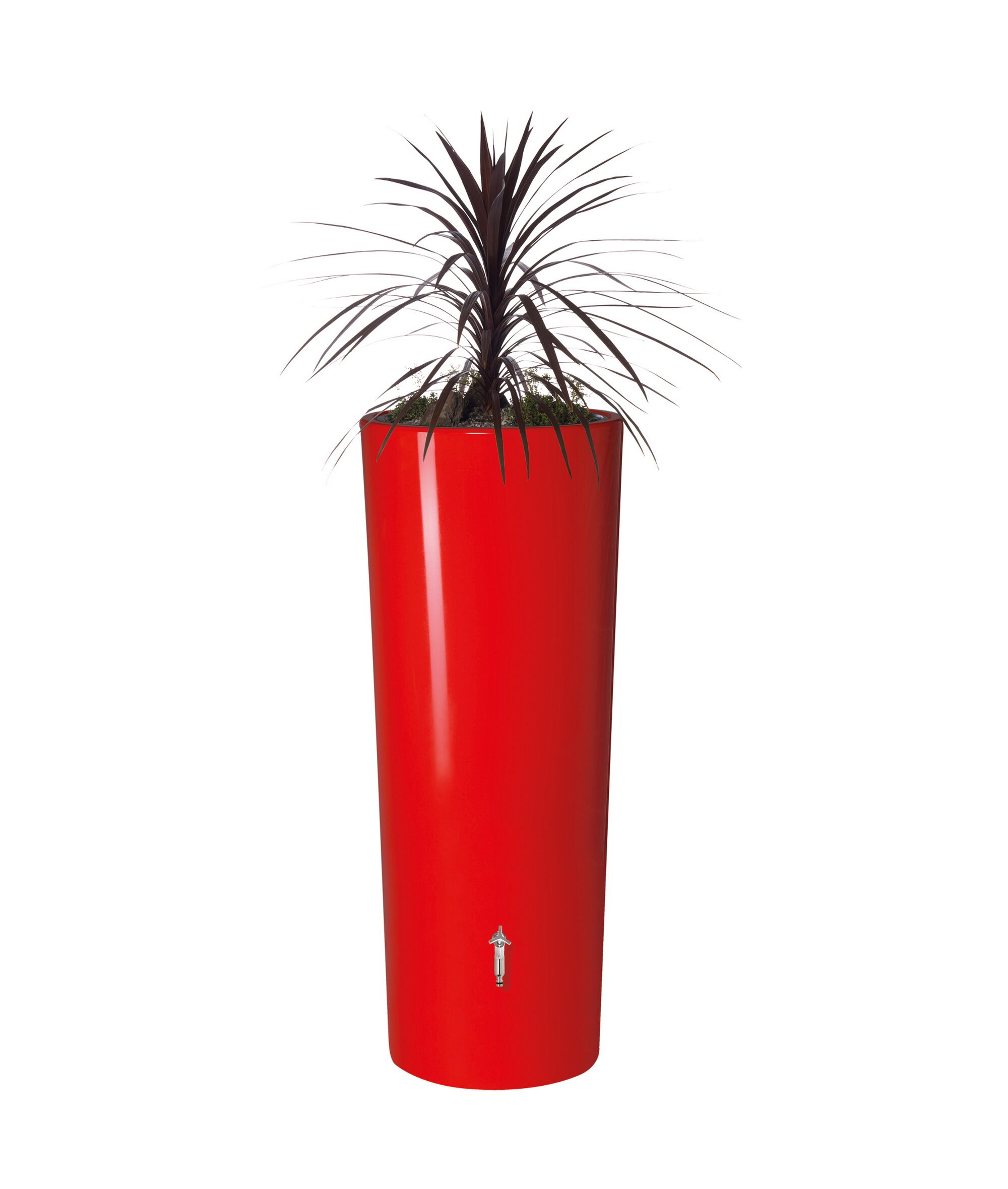Roter Regenspeicher mit Pflanze