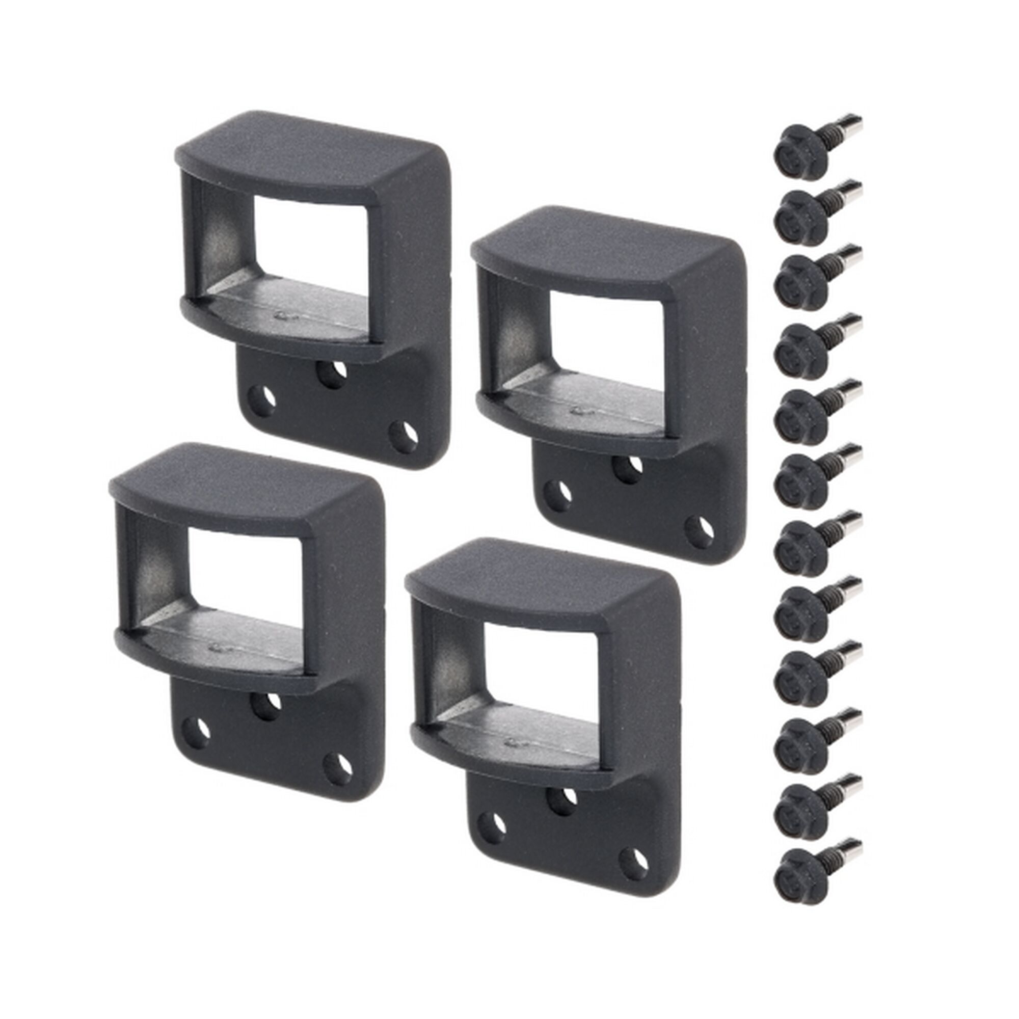 Vier schwarze Zaunfeldhalter und passende Schrauben