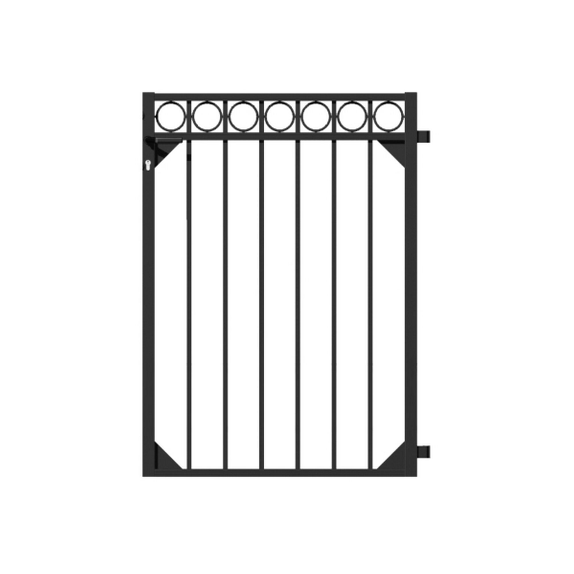 Schwarzes Metall Gartentor mit runden Zierelementen