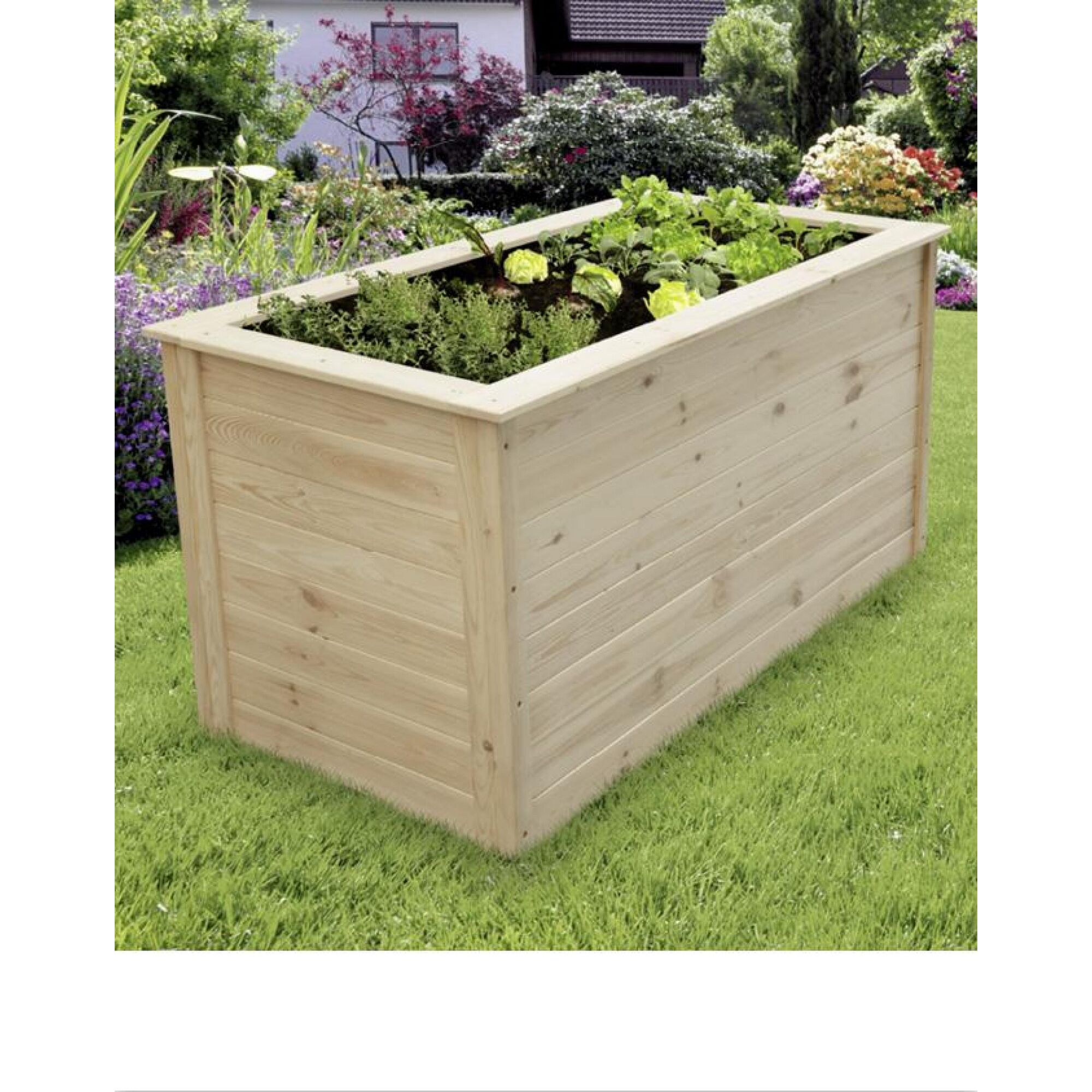 Helles Hochbeet aus Holz mit verschiedenen Pflanzen.