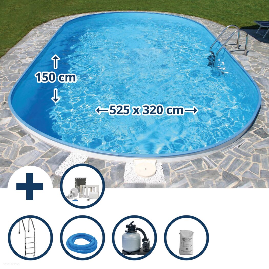 Ovaler Pool mit Zubehör: Leiter, Schlauch, Pumpe, Filtersand
