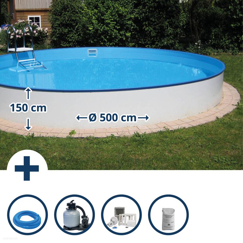 Aufstellpool, rund, 500 cm Durchmesser, 150 cm Höhe, mit Zubehör