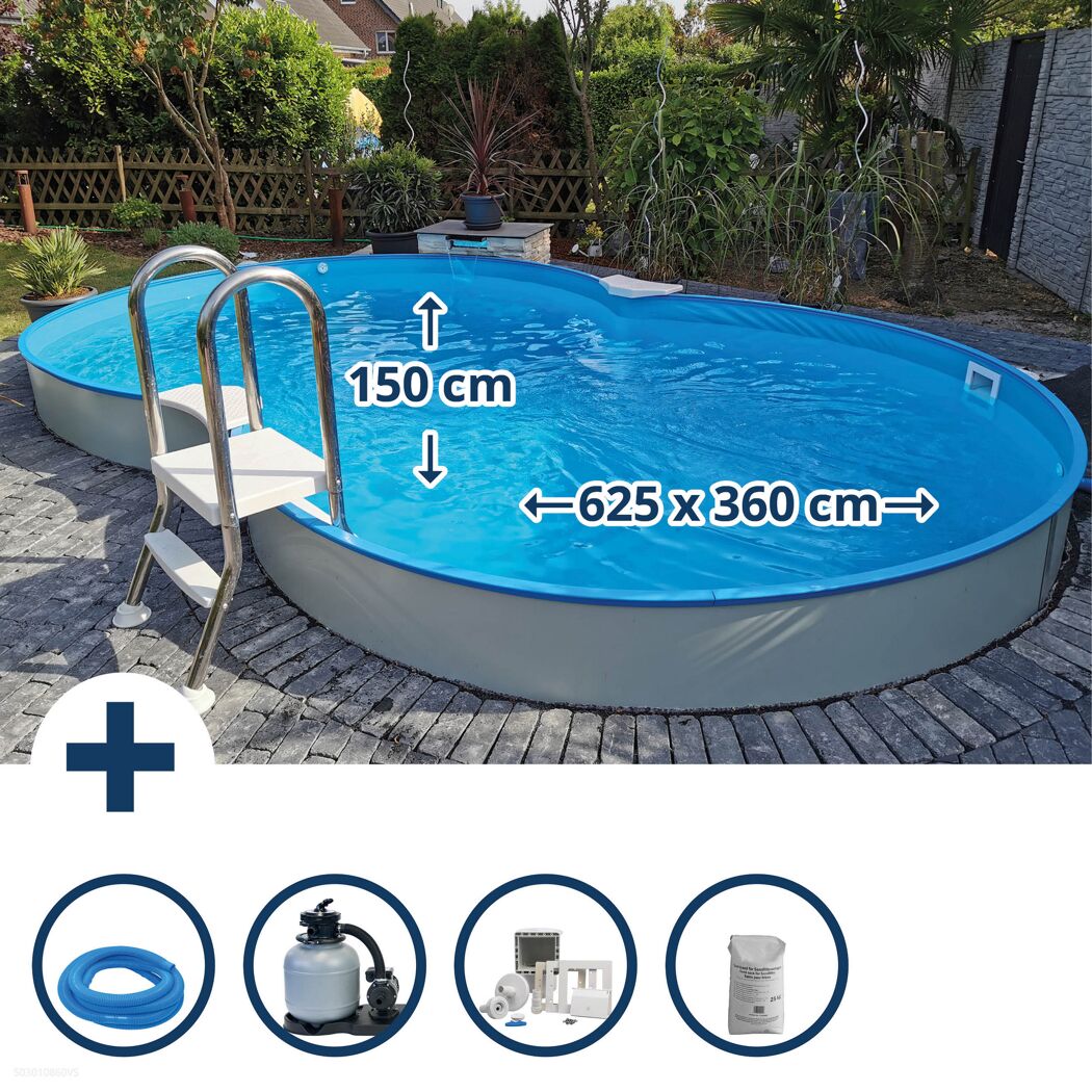 Achtförmiger Stahlwandpool mit Leiter und Zubehör.