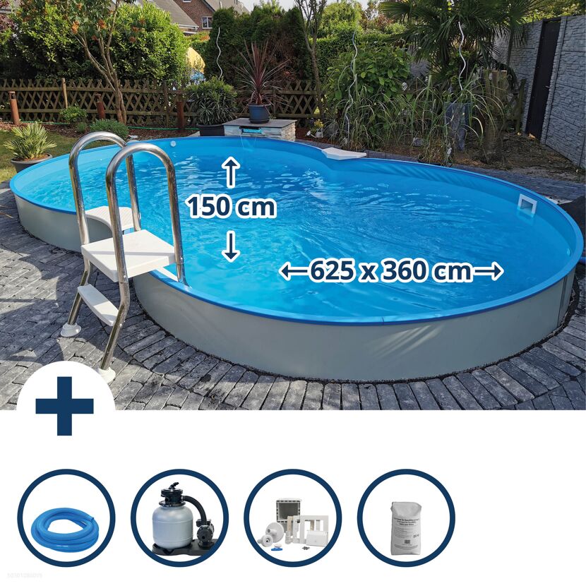 Achtförmiger Stahlwandpool mit Leiter und Zubehör.