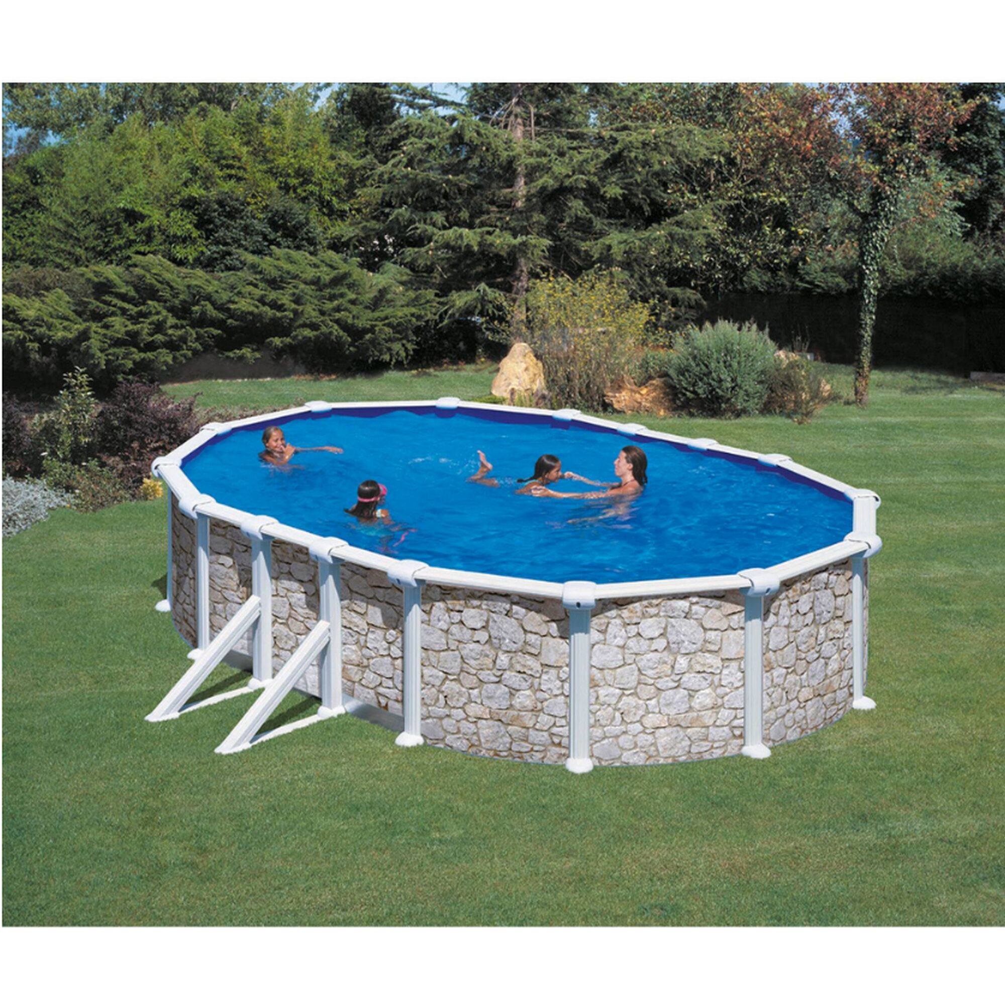 Ovaler Aufstellpool in Steinoptik mit badenden Personen
