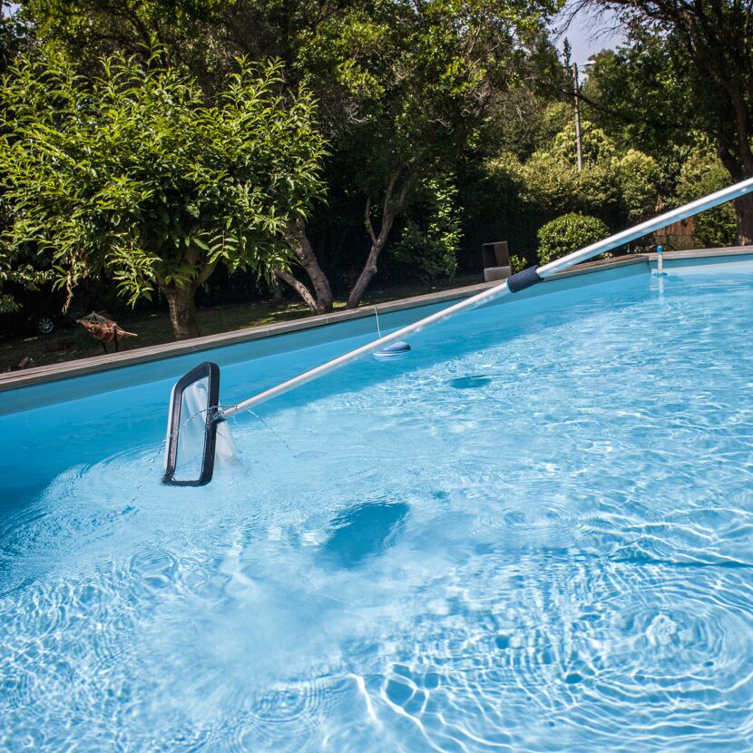 Kescher an Teleskopstange reinigt einen Pool
