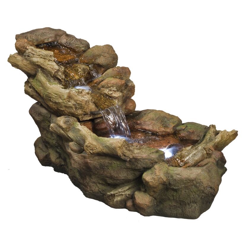Dekorativer Wasserfall mit Holz und Steinen
