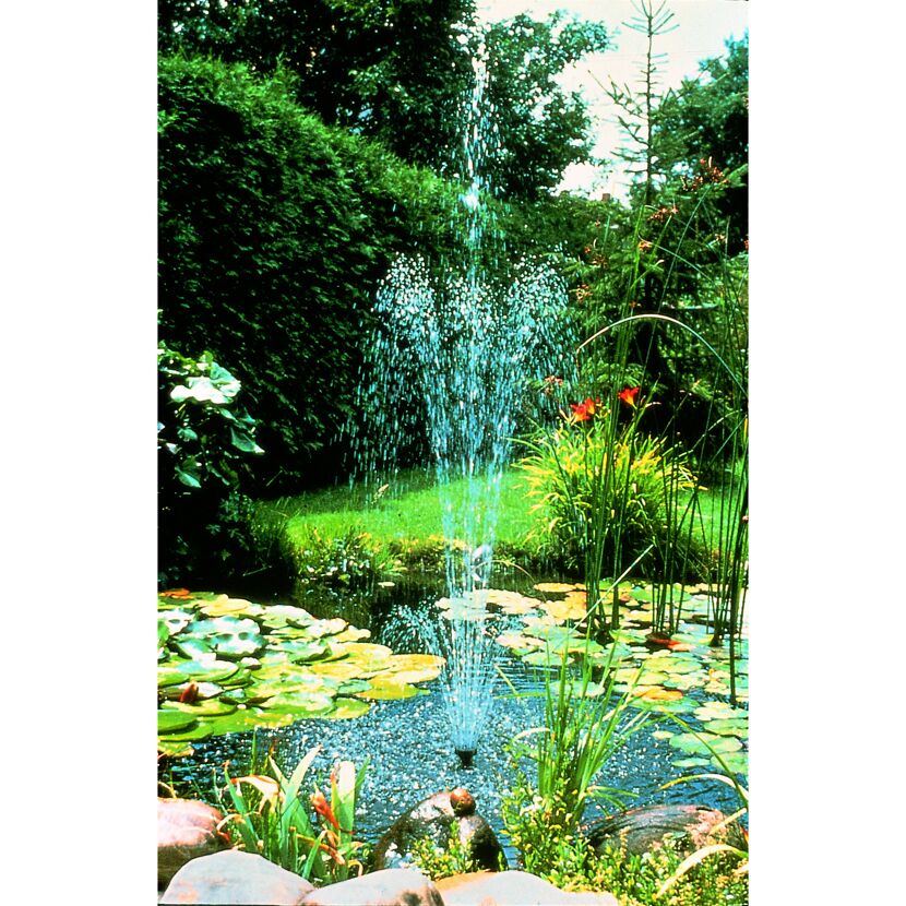 Springbrunnen in einem Teich mit Seerosen