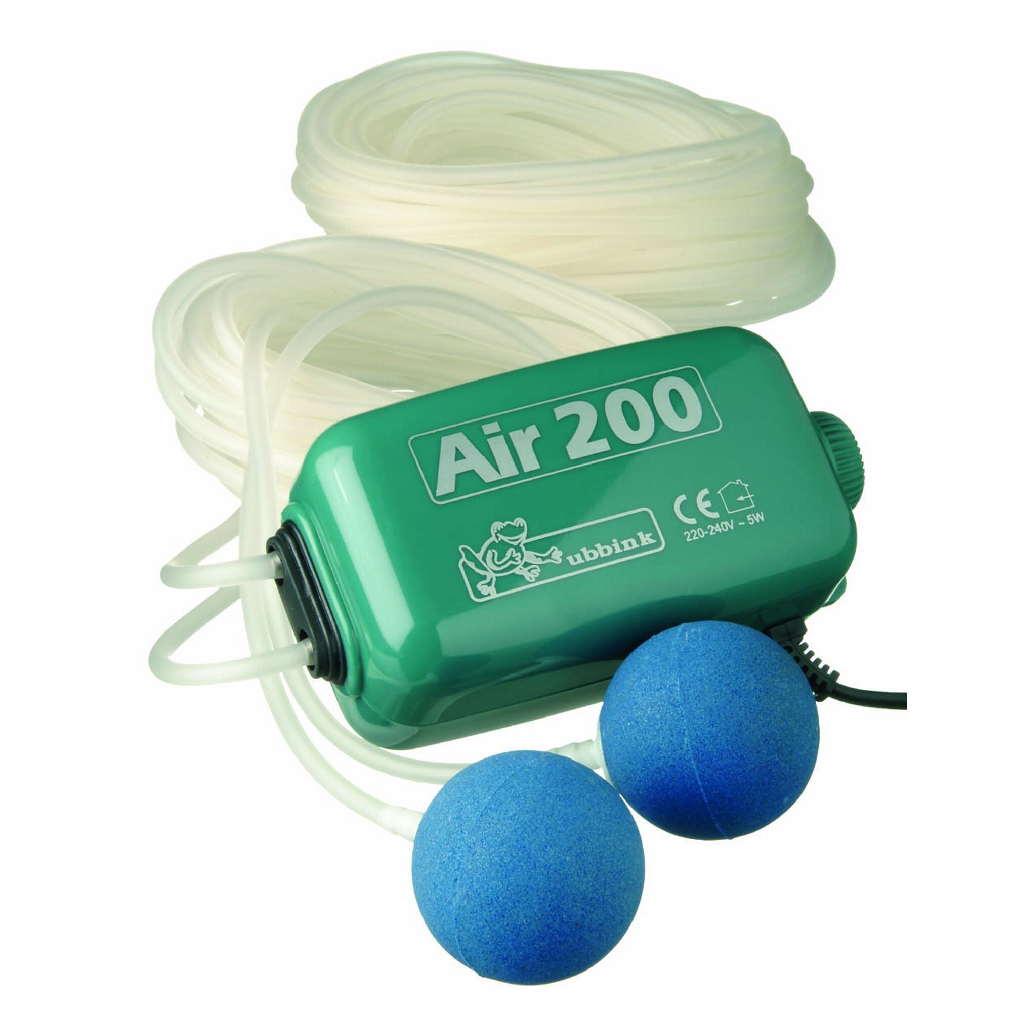 Grüner Luftsprudler mit Schläuchen und zwei blauen Sprudelsteinen