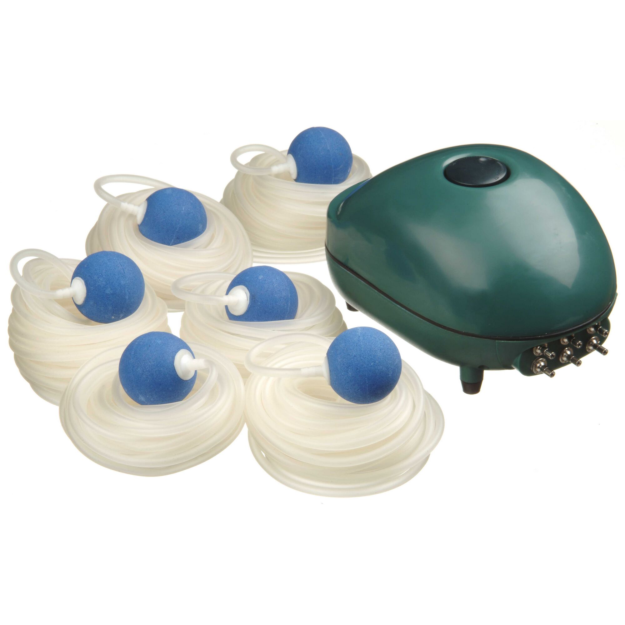 Sechs Belüftersteine mit Schläuchen und Belüfterpumpe