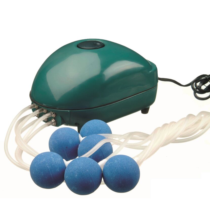 Belüftungspumpe mit Schläuchen und vier blauen Ausströmern